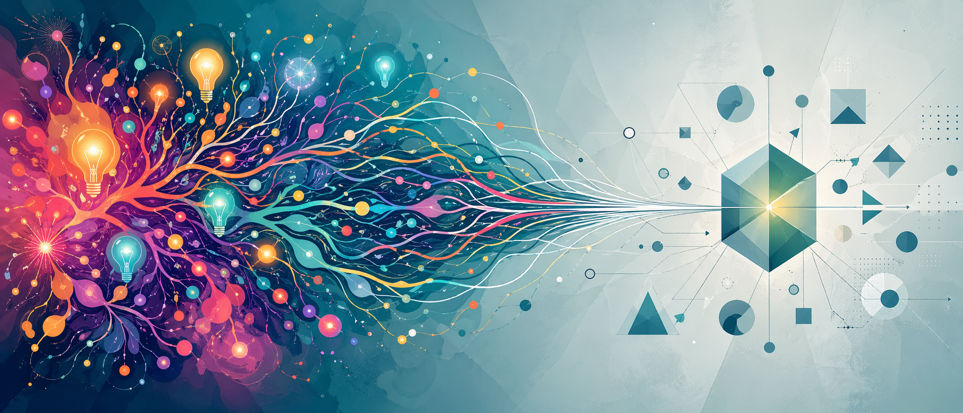 Ilustraci&oacute;n abstracta de muchas ideas coloridas que se abren y luego convergen en una soluci&oacute;n estructurada.