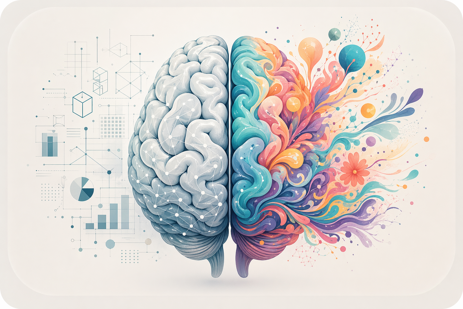 Ilustraci&oacute;n conceptual de un cerebro con el hemisferio derecho colorido y creativo, y el hemisferio izquierdo m&aacute;s p&aacute;lido y l&oacute;gico.