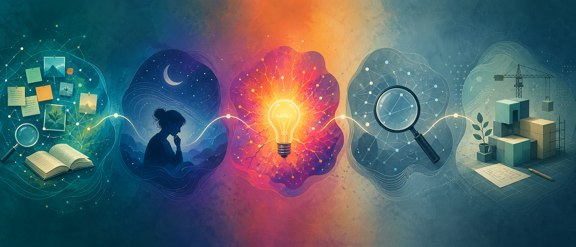 Ilustraci&oacute;n abstracta de cinco momentos conectados del proceso creativo desde preparaci&oacute;n hasta implementaci&oacute;n.